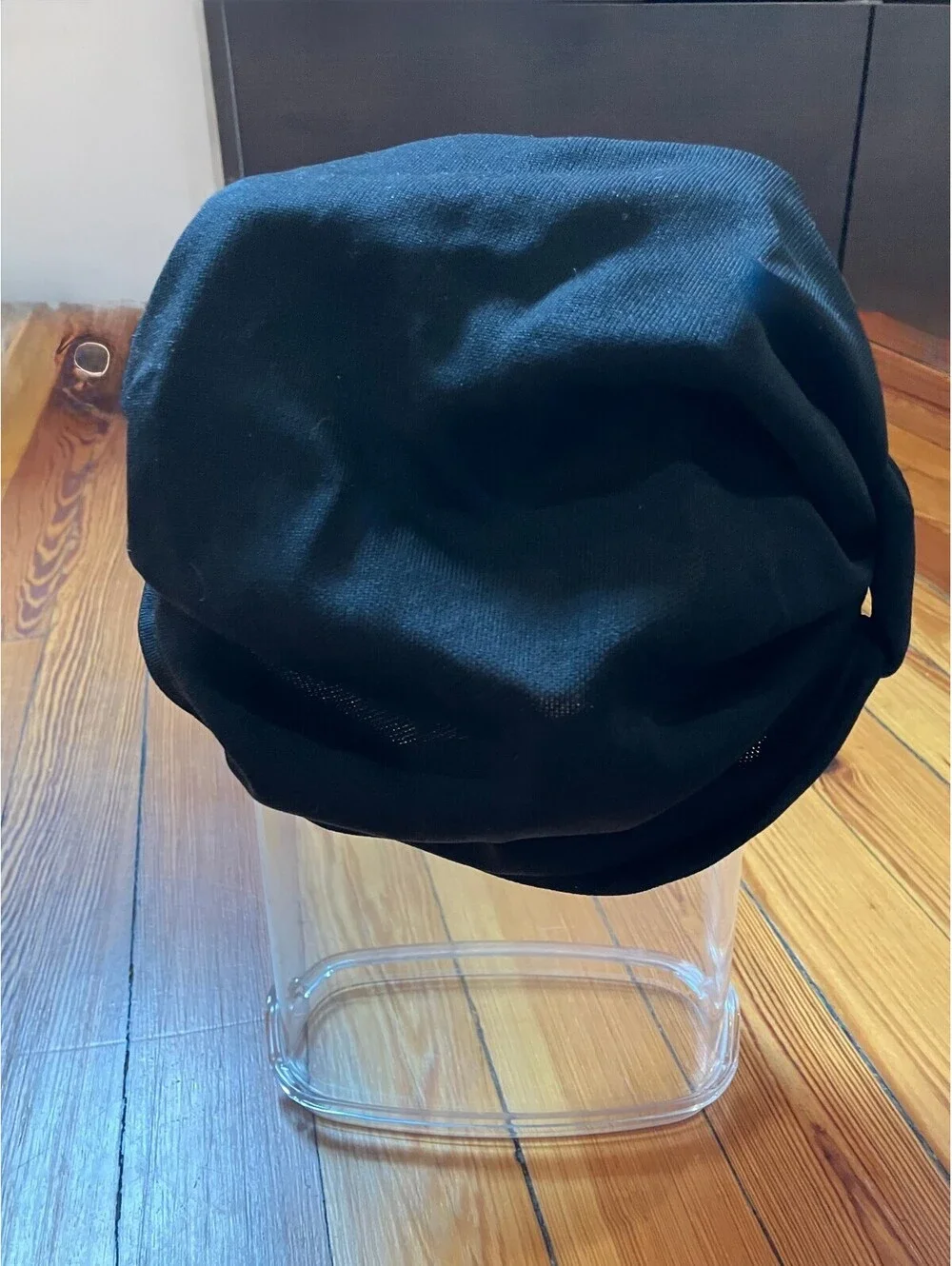 Vintage Black Knit Turban Hat Twisted Knot Front Gathered Crown 40s 70s Style